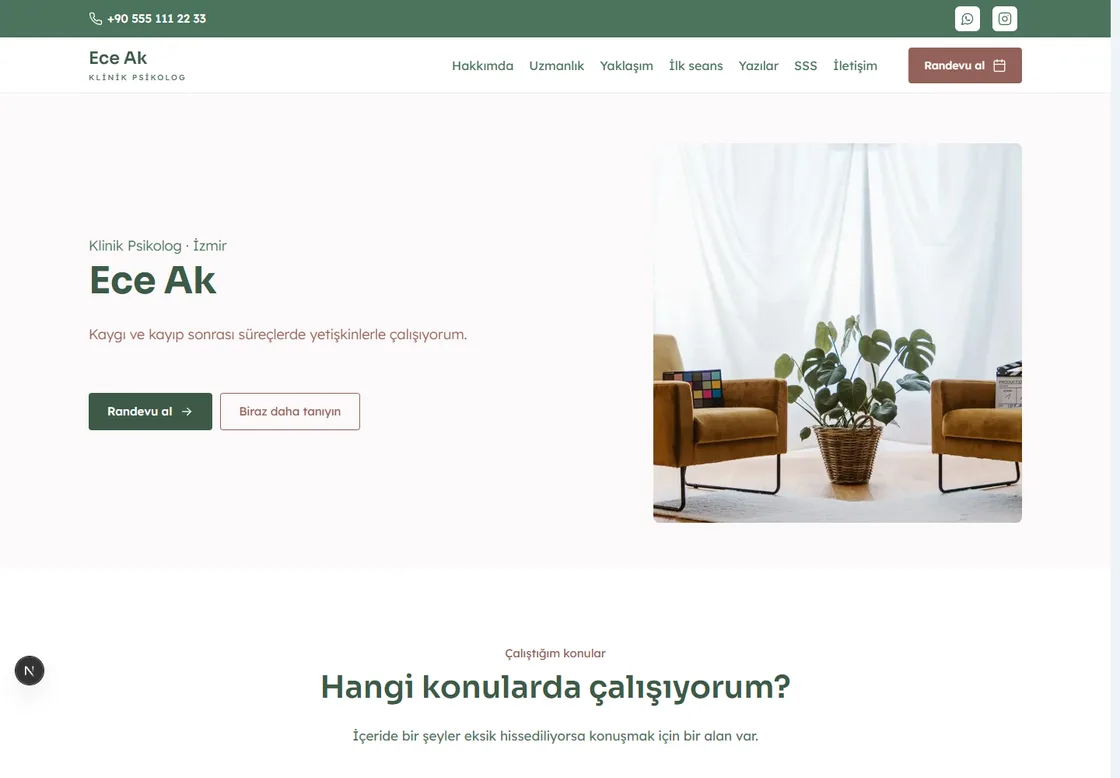 Ihlamur şablonuyla kurulmuş bir psikolog sitesinin ana sayfası