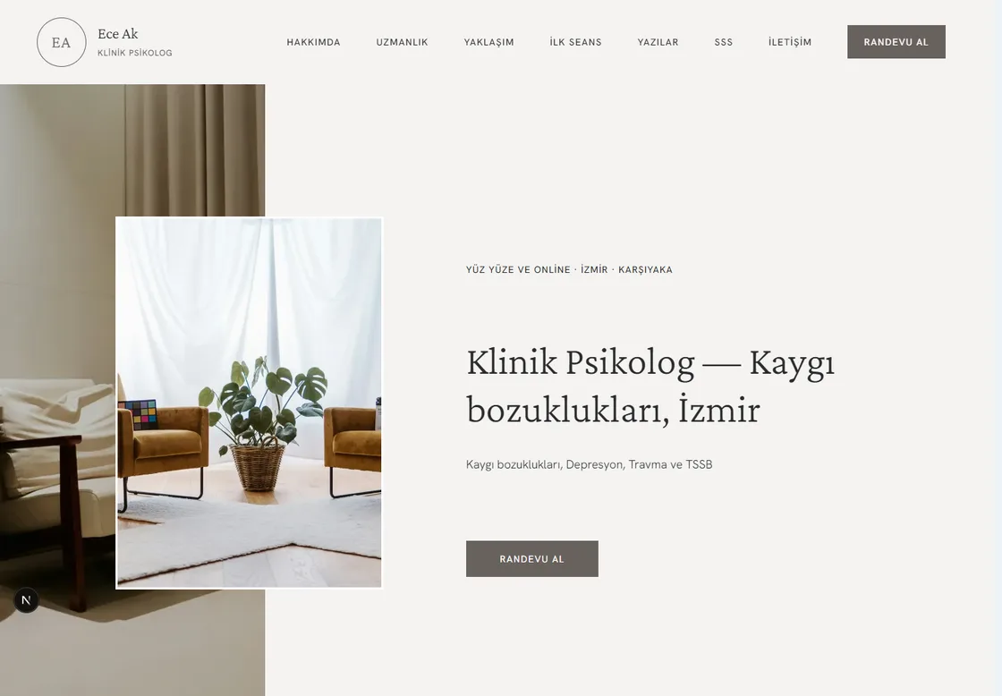 Keten şablonuyla kurulmuş bir psikolog sitesinin ana sayfası